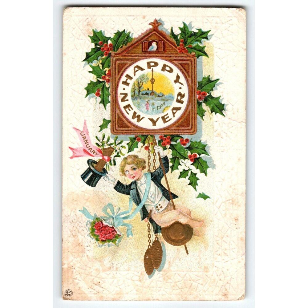 Happy New Year Postcard Child Boy In Top Hat Cuckoo Clock Vintage Stecher 218 B